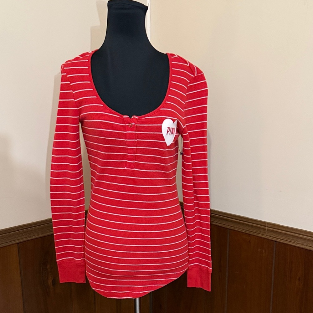 PINK Victoria's Secret Red and White Striped Long Sleeve Shirt. Size Small